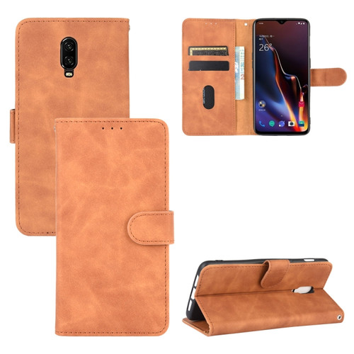 OnePlus 6T Solid Color Skin Feel Magnetic Buckle Horizontal Flip Calf Texture PU Leather Case with Holder & Card Slots & Wallet - Brown