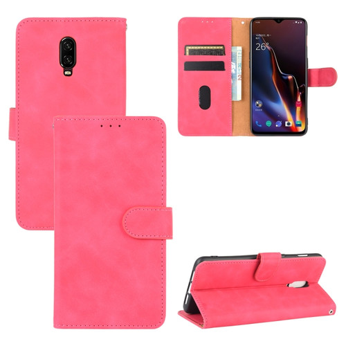 OnePlus 6T Solid Color Skin Feel Magnetic Buckle Horizontal Flip Calf Texture PU Leather Case with Holder & Card Slots & Wallet - Rose Red