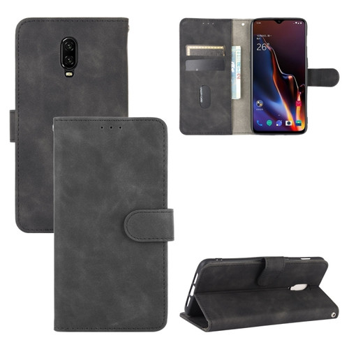OnePlus 6T Solid Color Skin Feel Magnetic Buckle Horizontal Flip Calf Texture PU Leather Case with Holder & Card Slots & Wallet - Black