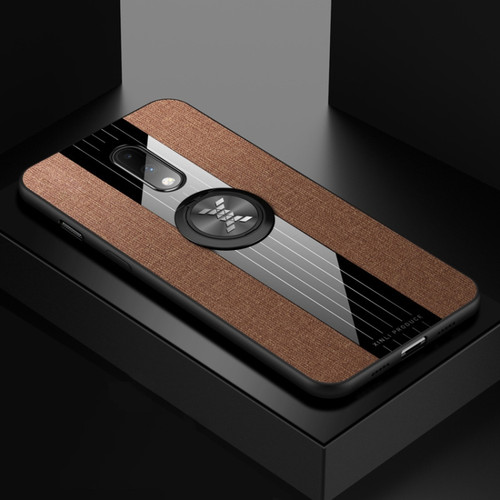 OnePlus 6T XINLI Stitching Cloth Texture Shockproof TPU Protective Case with Ring Holder - Brown