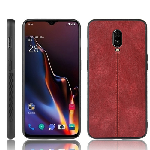 OnePlus 6T Shockproof Sewing Cow Pattern Skin PC + PU + TPU Case - Red