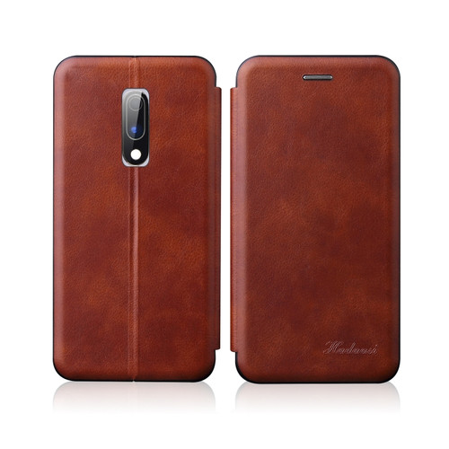 OnePlus 6T / OnePlus 7 Integrated Electricity Pressing Retro Texture Magnetic TPU+PU Leather Case with Card Slot & Holder - Brown