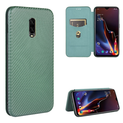 OnePlus 6T Carbon Fiber Texture Horizontal Flip TPU + PC + PU Leather Case with Card Slot - Green