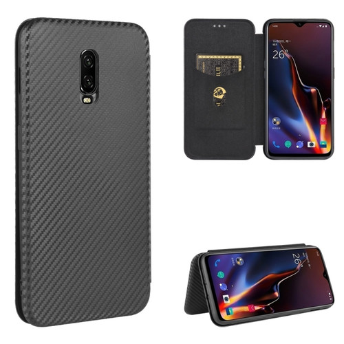 OnePlus 6T Carbon Fiber Texture Horizontal Flip TPU + PC + PU Leather Case with Card Slot - Black