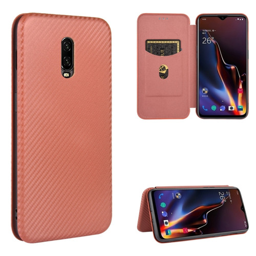 OnePlus 6T Carbon Fiber Texture Horizontal Flip TPU + PC + PU Leather Case with Card Slot - Brown