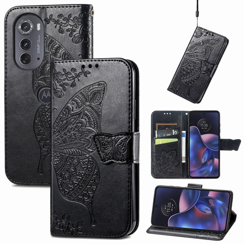 Motorola Edge 2022 Butterfly Love Flower Embossed Flip Leather Phone Case - Black