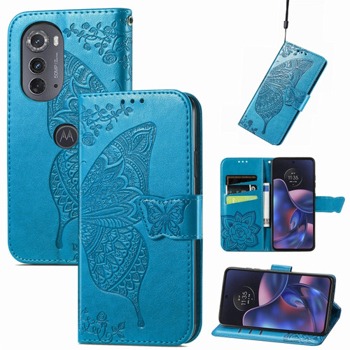 Motorola Edge 2022 Butterfly Love Flower Embossed Flip Leather Phone Case - Blue