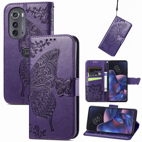 Motorola Edge 2022 Butterfly Love Flower Embossed Flip Leather Phone Case - Dark Purple