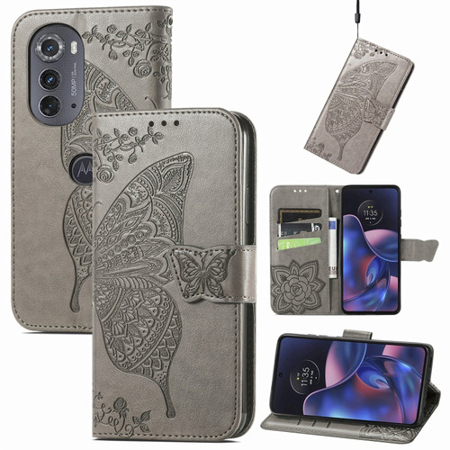 Motorola Edge 2022 Butterfly Love Flower Embossed Flip Leather Phone Case - Gray