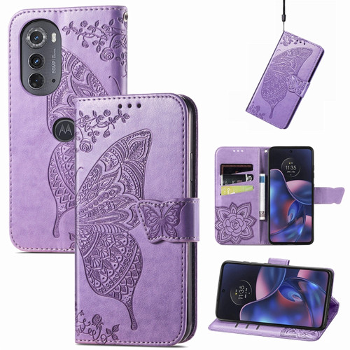 Motorola Edge 2022 Butterfly Love Flower Embossed Flip Leather Phone Case - Light Purple