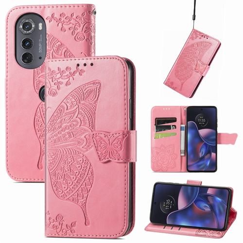 Motorola Edge 2022 Butterfly Love Flower Embossed Flip Leather Phone Case - Pink