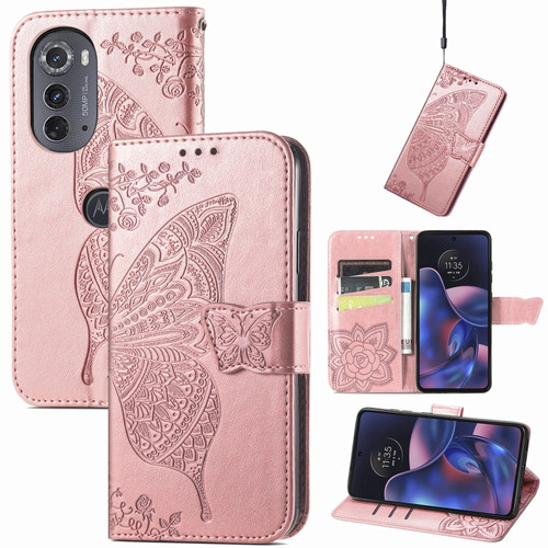 Motorola Edge 2022 Butterfly Love Flower Embossed Flip Leather Phone Case - Rose Gold