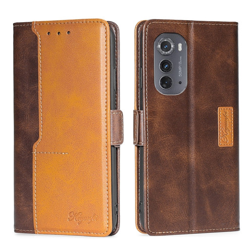 Motorola Edge 2022 Contrast Color Side Buckle Leather Phone Case - Dark Brown + Gold