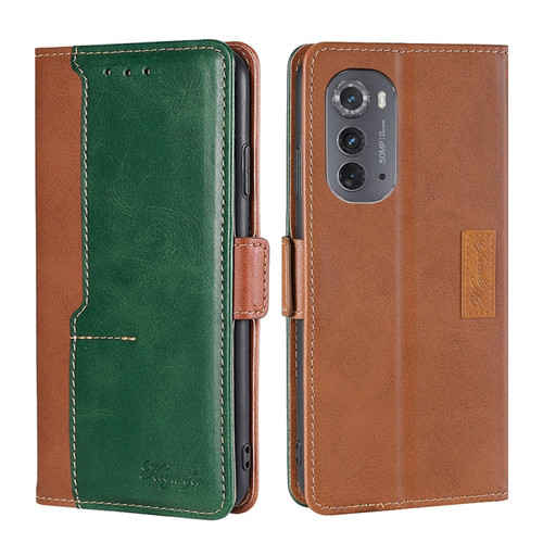 Motorola Edge 2022 Contrast Color Side Buckle Leather Phone Case - Light Brown + Green