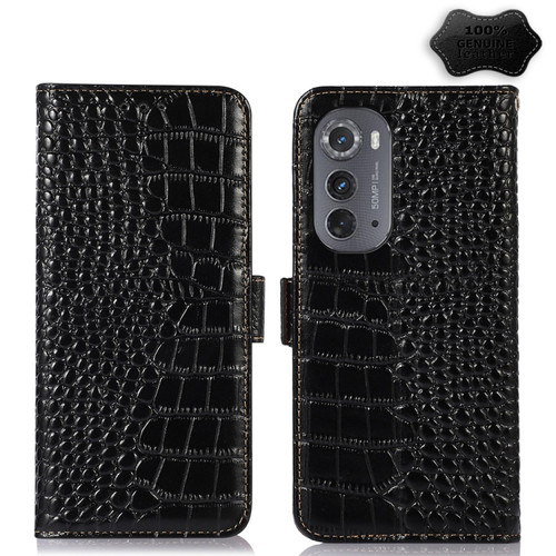 Motorola Edge 2022 Crocodile Top Layer Cowhide Leather Phone Case - Black