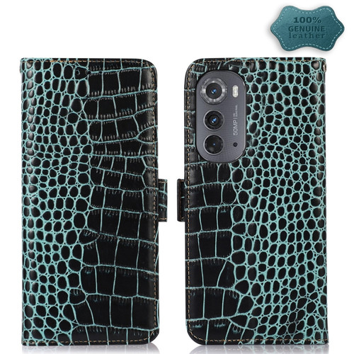 Motorola Edge 2022 Crocodile Top Layer Cowhide Leather Phone Case - Green