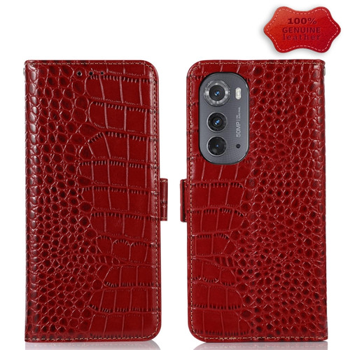 Motorola Edge 2022 Crocodile Top Layer Cowhide Leather Phone Case - Red
