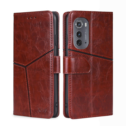 Motorola Edge 2022 Geometric Stitching Leather Phone Case - Dark Brown