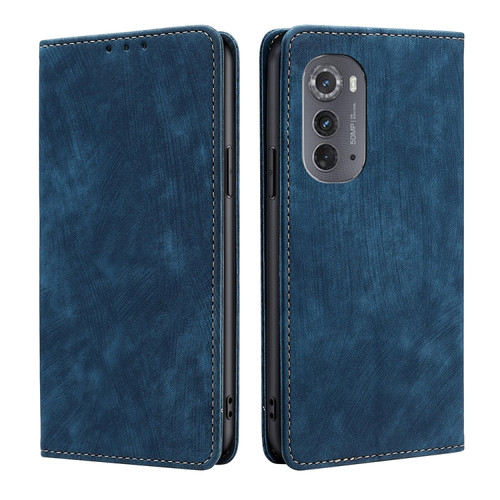 Motorola Edge 2022 RFID Anti-theft Brush Magnetic Leather Phone Case - Blue