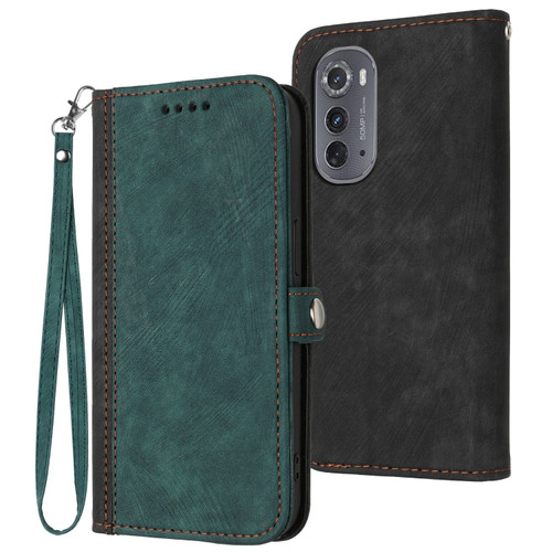 Motorola Edge 2022 Side Buckle Double Fold Hand Strap Leather Phone Case - Dark Green