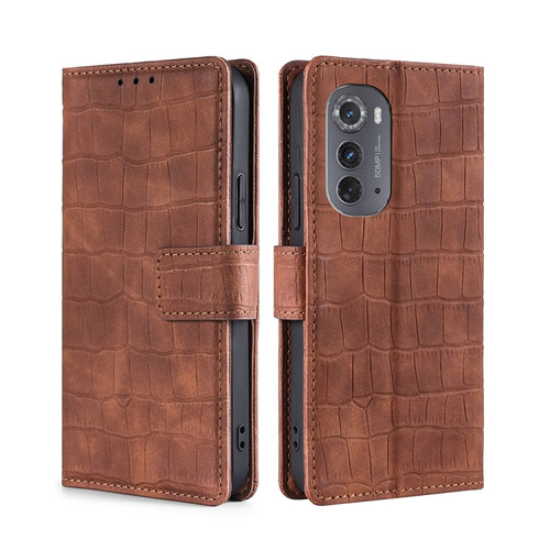 Motorola Edge 2022 Skin Feel Crocodile Magnetic Clasp Leather Phone Case - Brown