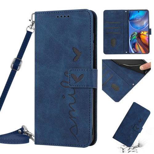 Motorola Edge 2022 Skin Feel Heart Pattern Leather Phone Case With Lanyard - Blue