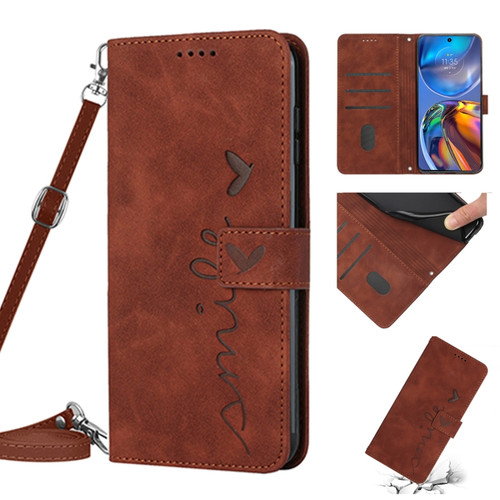 Motorola Edge 2022 Skin Feel Heart Pattern Leather Phone Case With Lanyard - Brown