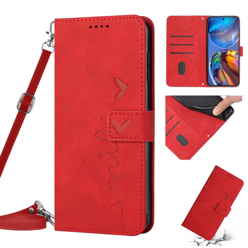 Motorola Edge 2022 Skin Feel Heart Pattern Leather Phone Case With Lanyard - Red