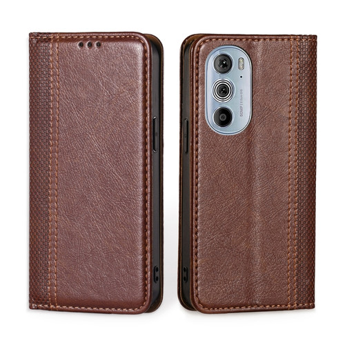 Motorola Edge 30 Pro / Edge+ 2022 Grid Texture Magnetic Flip Leather Phone Case - Brown