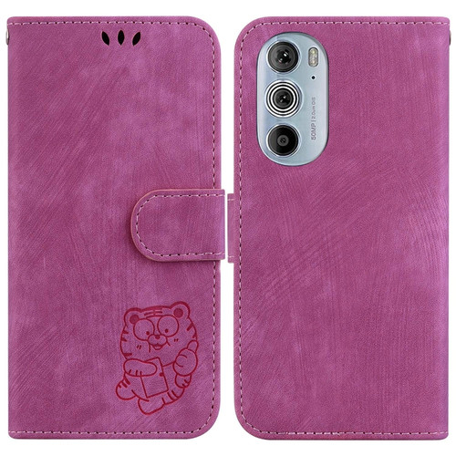 Motorola Edge 30 Pro / Edge+ 2022 Little Tiger Embossed Leather Phone Case - Rose Red