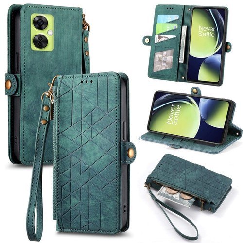 OnePlus Nord CE3 Lite Geometric Zipper Wallet Side Buckle Leather Phone Case - Green