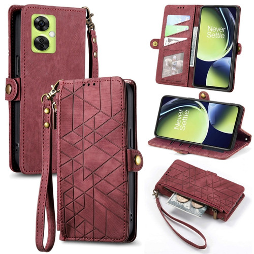 OnePlus Nord CE3 Lite Geometric Zipper Wallet Side Buckle Leather Phone Case - Red