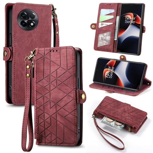 OnePlus 11R 5G Geometric Zipper Wallet Side Buckle Leather Phone Case - Red