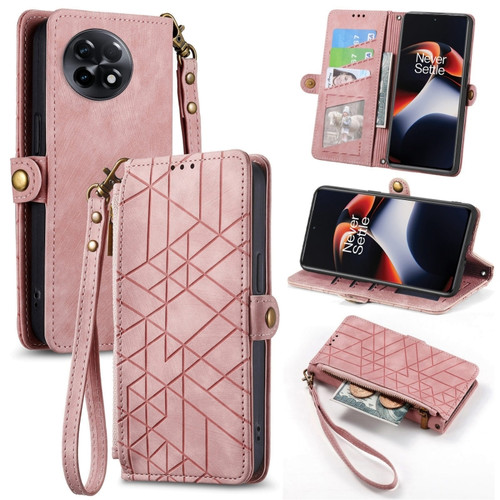 OnePlus 11R 5G Geometric Zipper Wallet Side Buckle Leather Phone Case - Pink