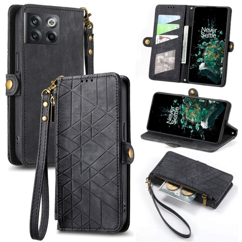 OnePlus 10T Geometric Zipper Wallet Side Buckle Leather Phone Case - Black