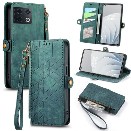 OnePlus 10 Pro 5G Geometric Zipper Wallet Side Buckle Leather Phone Case - Green