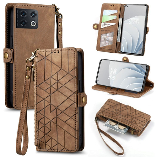 OnePlus 10 Pro 5G Geometric Zipper Wallet Side Buckle Leather Phone Case - Brown