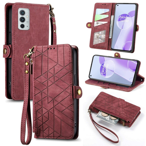 OnePlus 9RT 5G Geometric Zipper Wallet Side Buckle Leather Phone Case - Red