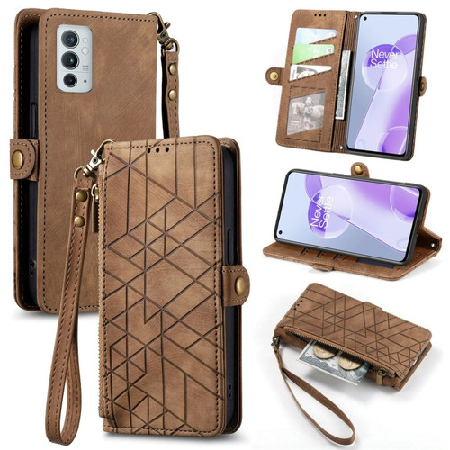 OnePlus 9RT 5G Geometric Zipper Wallet Side Buckle Leather Phone Case - Brown