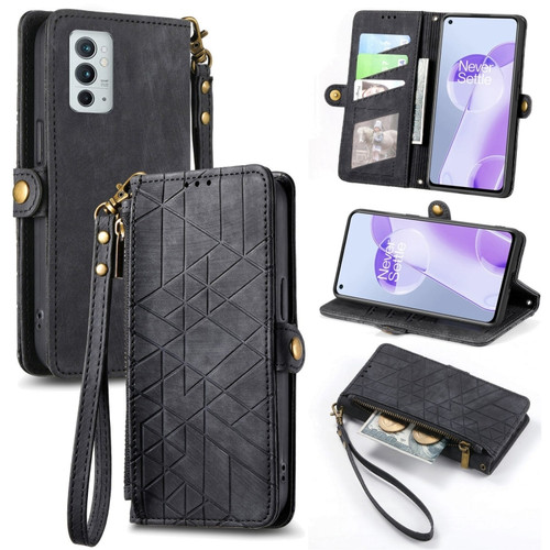 OnePlus 9RT 5G Geometric Zipper Wallet Side Buckle Leather Phone Case - Black