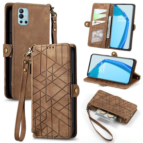 OnePlus 9R Geometric Zipper Wallet Side Buckle Leather Phone Case - Brown