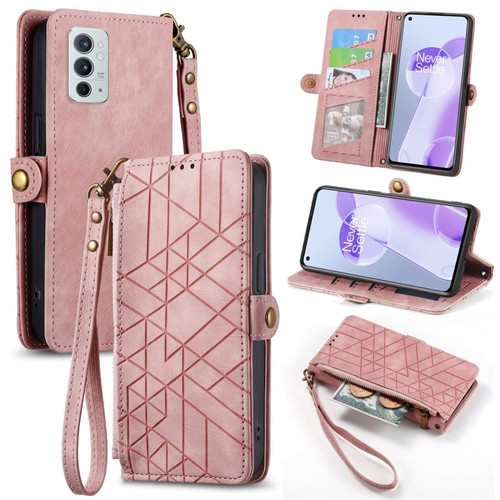 OnePlus 9RT 5G Geometric Zipper Wallet Side Buckle Leather Phone Case - Pink