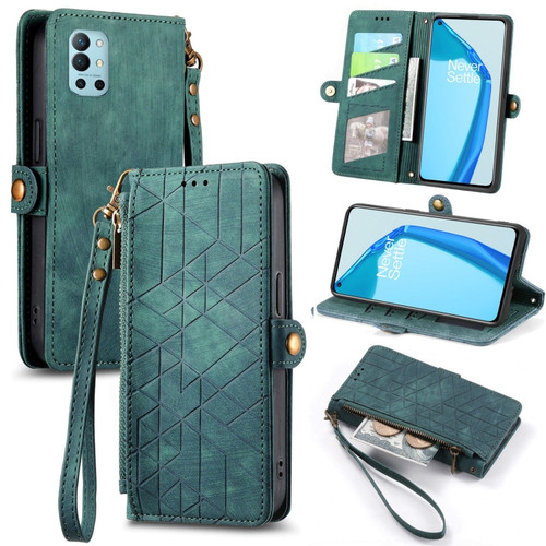 OnePlus 9R Geometric Zipper Wallet Side Buckle Leather Phone Case - Green