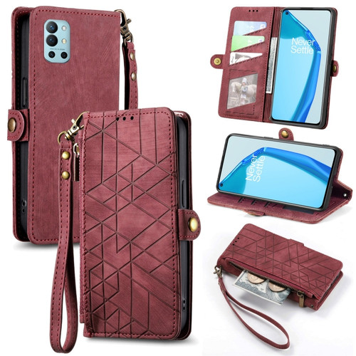 OnePlus 9R Geometric Zipper Wallet Side Buckle Leather Phone Case - Red