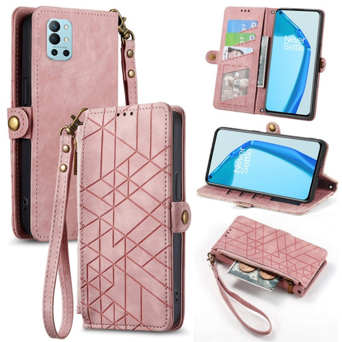 OnePlus 9R Geometric Zipper Wallet Side Buckle Leather Phone Case - Pink