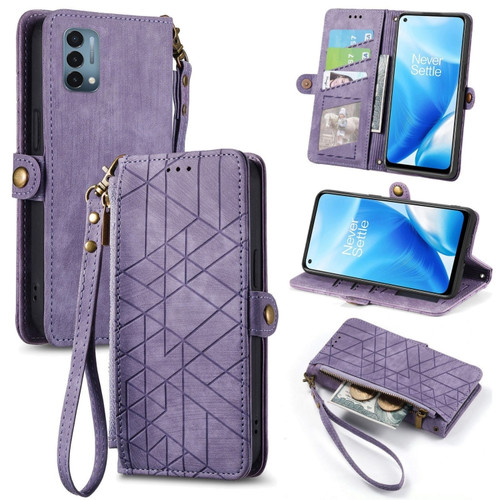 OnePlus Nord N200 5G Geometric Zipper Wallet Side Buckle Leather Phone Case - Purple