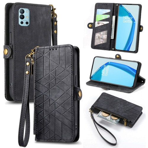 OnePlus 9R Geometric Zipper Wallet Side Buckle Leather Phone Case - Black