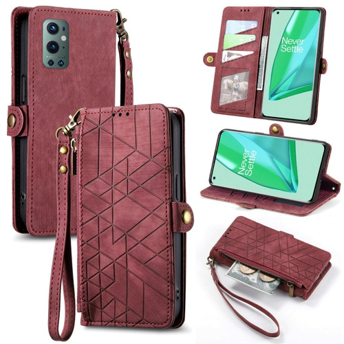 OnePlus 9 Pro Geometric Zipper Wallet Side Buckle Leather Phone Case - Red