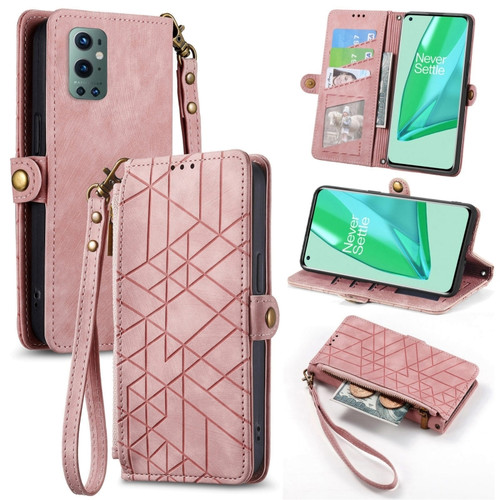 OnePlus 9 Pro Geometric Zipper Wallet Side Buckle Leather Phone Case - Pink
