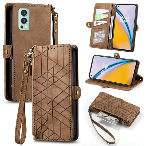 OnePlus Nord 2 5G Geometric Zipper Wallet Side Buckle Leather Phone Case - Brown
